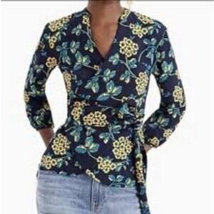 J.Crew Floral Print Wrap Blouse‎ Top Blue Yellow Teal Women's Size S